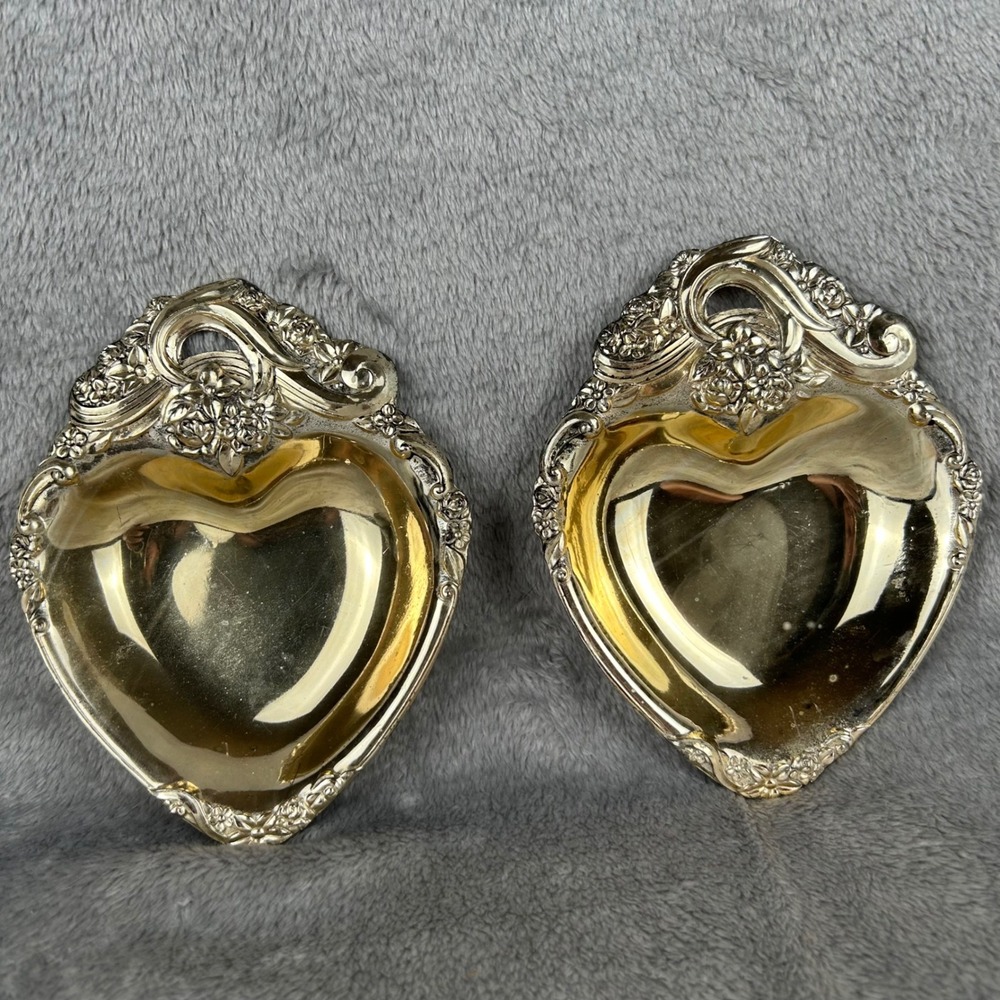 Vintage Heart Shaped Trinket Dish Set Silver Plated Floral Trinket Bowl Japan